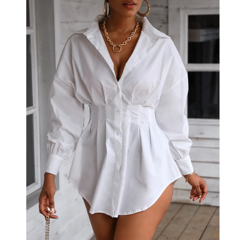 White Waist Fitted Drop Shoulder Buttoned Shirt - Picture 6 of 17